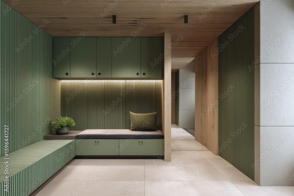 Fototapeta premium Muted green workspace with fluted wall panels warm lighting from built-in cove light-toned ceramic flooring with subtle gradient shadows