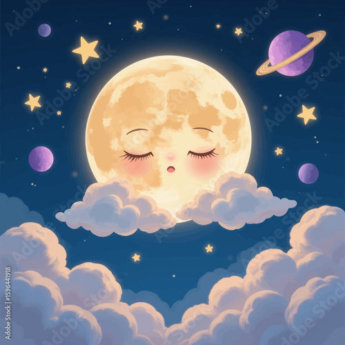Dreamy Moon in Clouds with Stars and Planets