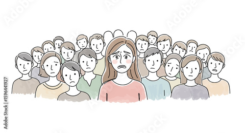 Introvert. Modern illustration woman with social phobia in crowd — one line doodle drawing with watercolor fill, minimalistic vector illustration on white background