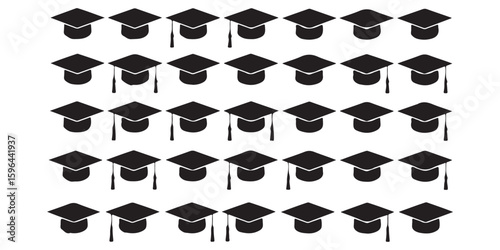 Black graduation caps arranged in rows on white background