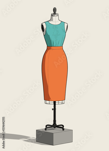 Elegant Mannequin Displaying Turquoise Top and Orange Pencil Skirt