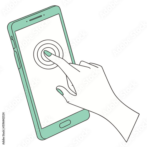 Close up illustration of a hand with painted nails touching a smartphone screen with a tap animation