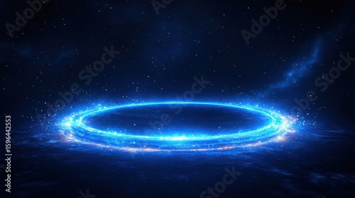 Fototapeta Naklejka Na Ścianę i Meble -  Starry night sky with a glowing blue circular ring, evoking cosmic mystery, celestial wonder, and futuristic energy, surrounded by twinkling stars and deep space darkness.