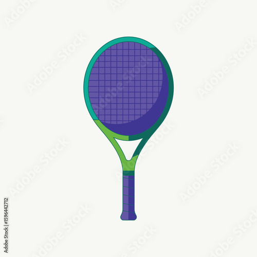 Vibrant purple tennis racket with green accents on a light background