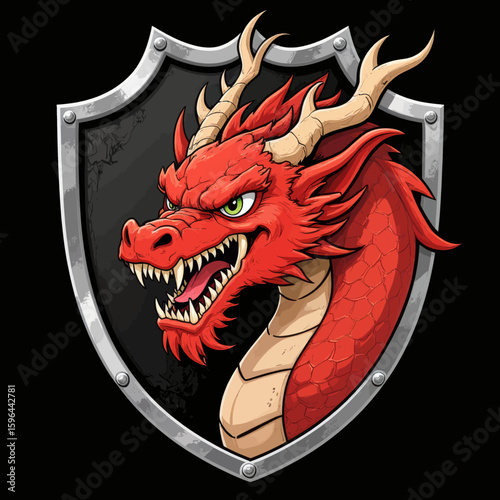 Fierce Red Dragon Shield Emblem, Ancient Battle Symbol