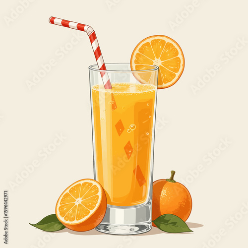 Fresh Orange Juice with Straw and Oranges