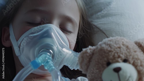 children girl wearing medical gas mask for health treatment
