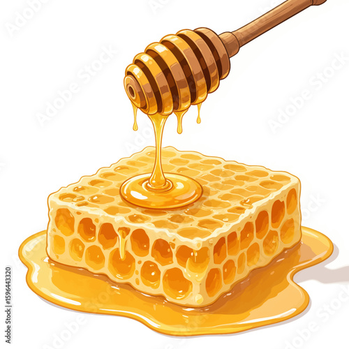 Golden Honey Drizzle on Honeycomb in Sunlit Kitchen