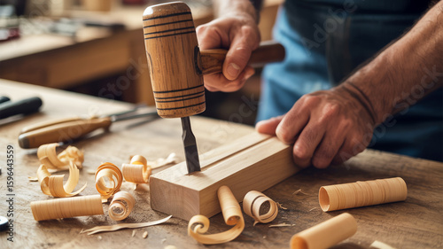 A close-up photograph of woodworking in progress on a wooden workbench.