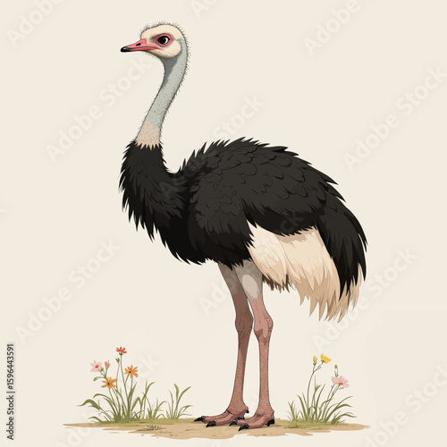 Graceful Ostrich in Natural Habitat with Wildflowers