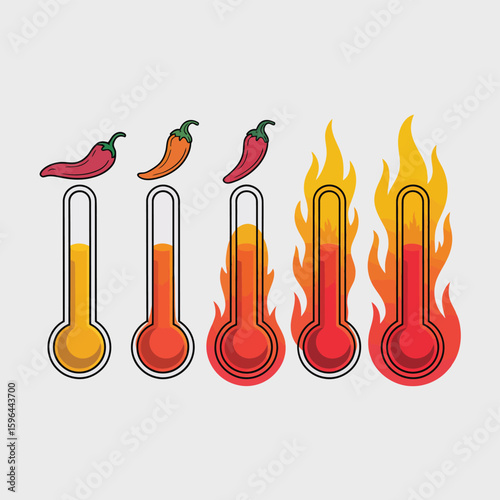 Chili pepper heat scale with thermometers showing temperature