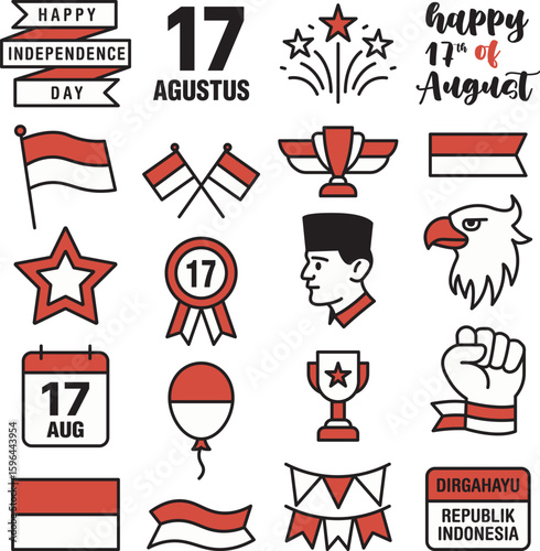 A collection of vector icons for Indonesian Independence Day celebration. Includes flags, symbols, decorations, and patriotic elements