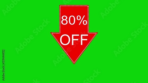 80 percent off discount offer icon animation. Animated arrow pointing 80 percent off text animation. green background 4k video.