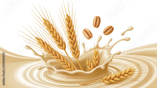 Wheat stalks splashing into creamy milk with falling grains