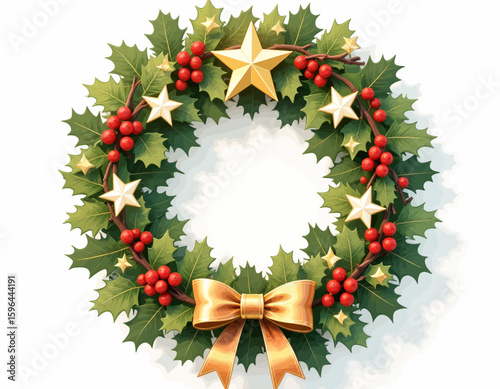 Holiday Wreath with Holly Berries and Golden Stars