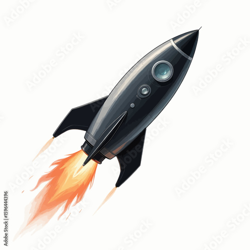Illustrated Rocket Launch with Bright Flame in Space