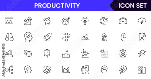 Productivity vector web line icon collection, sleek illustrations of tasks, clocks, calendars, efficiency tools for streamlined, effective designs.
