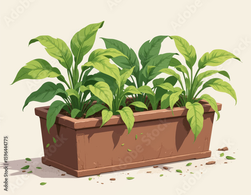 Lush Green Plants in Brown Planter Box with Scattered Leaves
