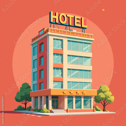 Luxurious Hotel at Sunset with Vibrant Neon Sign