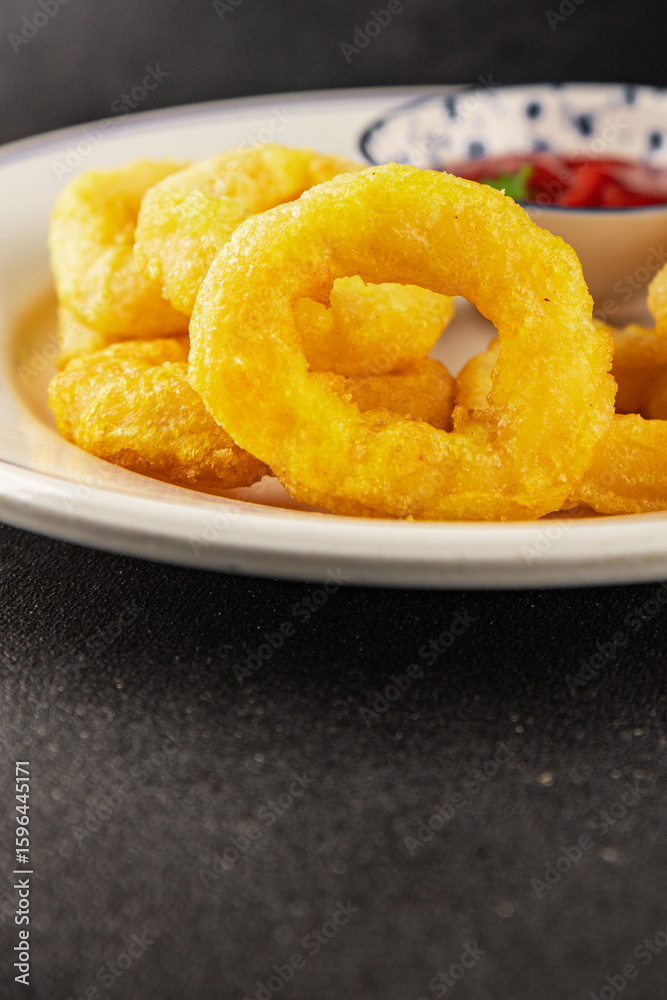Colmar rings fried food fries fast food crispy appetizer fresh delicious gourmet food background on the table rustic food top view copy space Colmar rings fried food fries fast food crispy appetizer fresh delicious gourmet food background on the table rustic food top view copy space