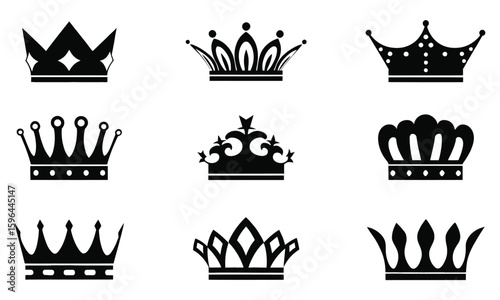 Set of black crown icons representing royalty power and luxury in elegant vector style

