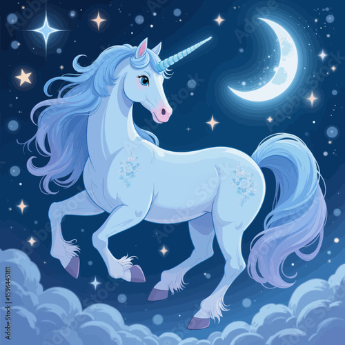 Magical Unicorn Galloping in Night Sky with Moon and Stars