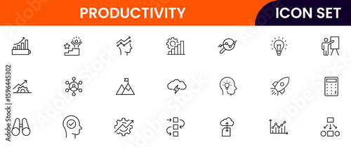 Productivity vector web line icon collection, sleek illustrations of tasks, clocks, calendars, efficiency tools for streamlined, effective designs.