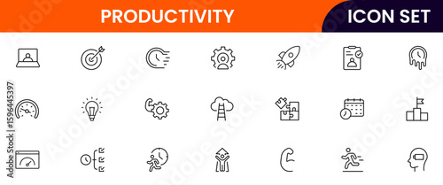 Productivity vector web line icon collection, sleek illustrations of tasks, clocks, calendars, efficiency tools for streamlined, effective designs.
