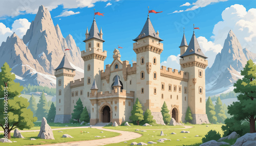 Majestic Mountain Castle in Serene Summer Landscape