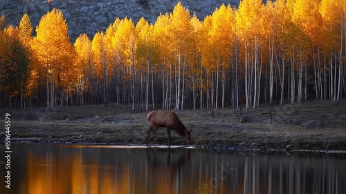 Elk drinking from lake with autumn trees, landscape, and golden hour.
