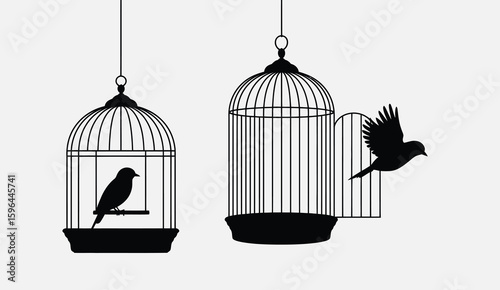 Bird escaping open cage silhouette