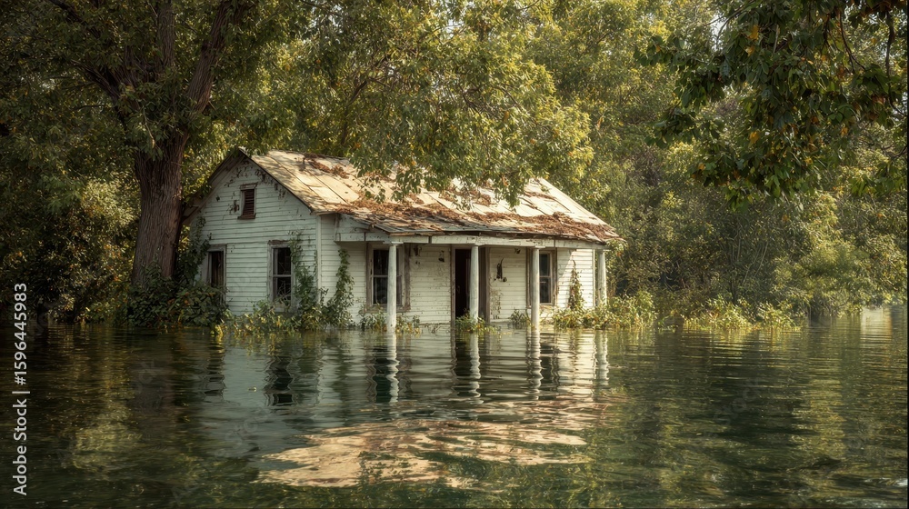 Obraz premium Vibrant photo of flooded one-story house as a result of a flood, rainstorm or flood. Disaster, Collapse.