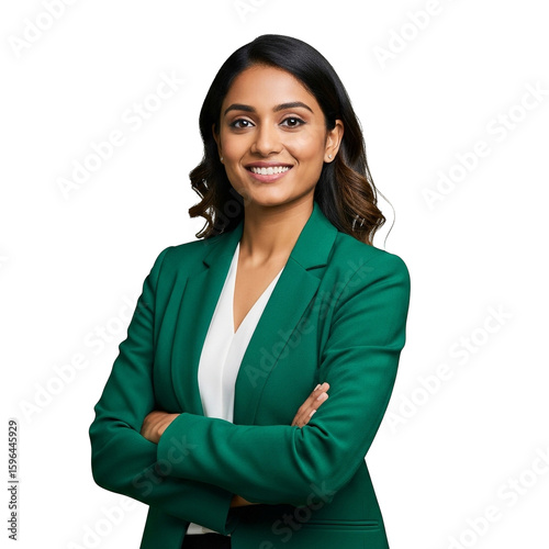 Confident Indian businesswoman smiling in a formal green suit