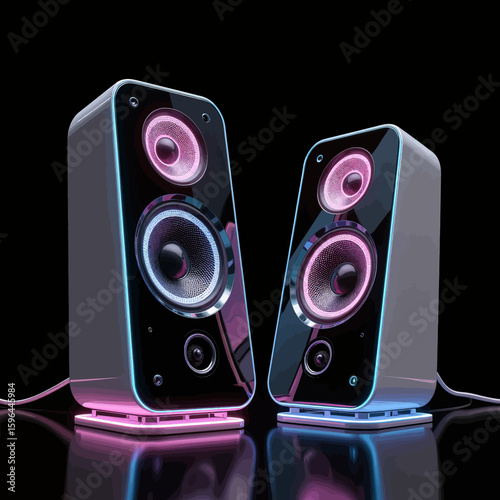 Modern Neon Speakers on Black Surface with Purple Glow