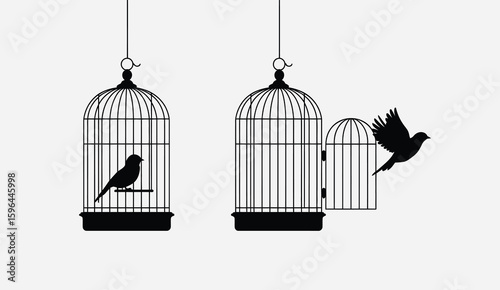 Birds escaping from ornate birdcages in a silhouette illustration
