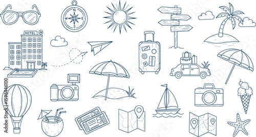 Summer travel vacation drawn set. Hand drawn sketch doodle style summer trip, vacation background