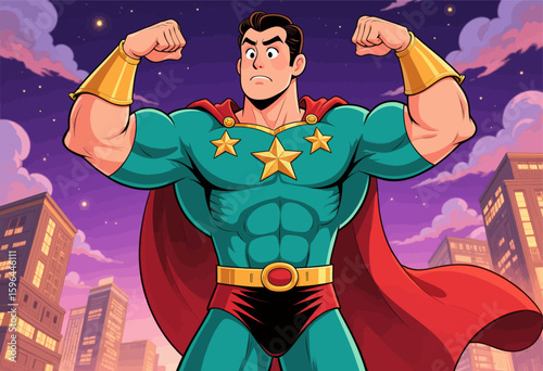 Muscular Superhero Showing Strength in Cityscape at Dusk