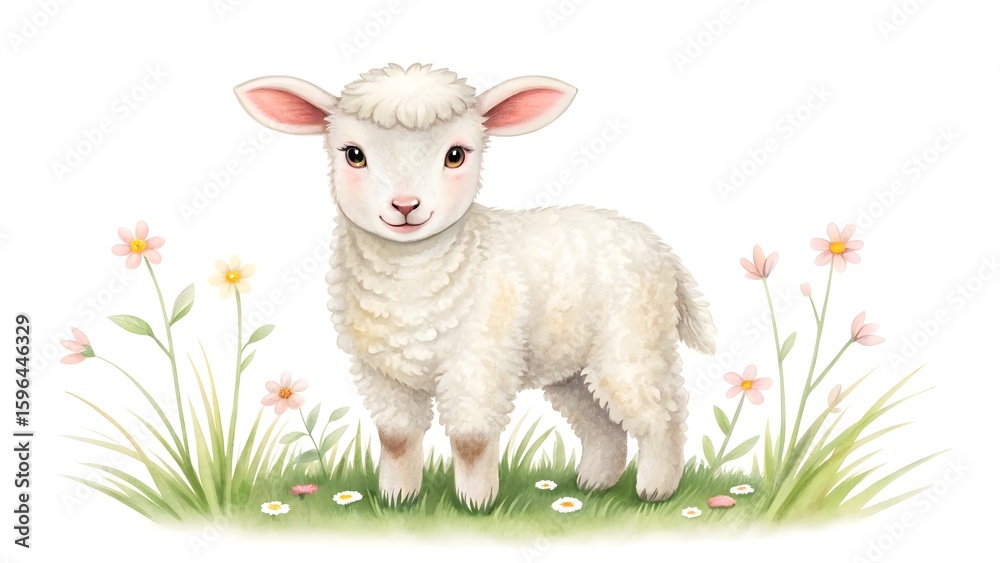 Obraz premium Adorable watercolor painting of a fluffy white lamb in a field of wildflowers