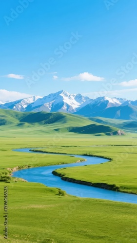 Winding River Through Lush Green Valley with Snow-Capped Mountains in the Background