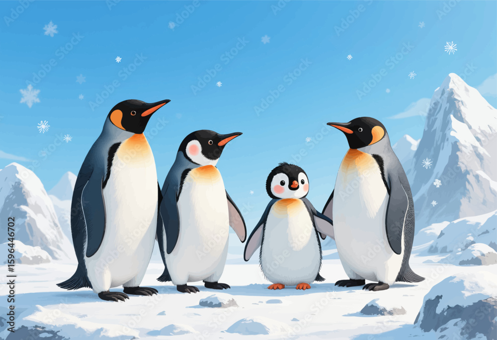Fototapeta premium Penguins in Snowy Antarctic Landscape with Family