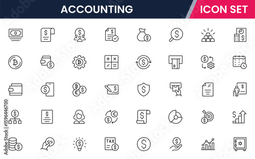 Vector line icon collection highlighting accounting elements such as calculators, charts, invoices, money, and reports ideal for finance, bookkeeping, and business platforms.