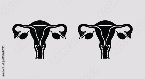 Two black uterus and fallopian tube illustrations on gray background
