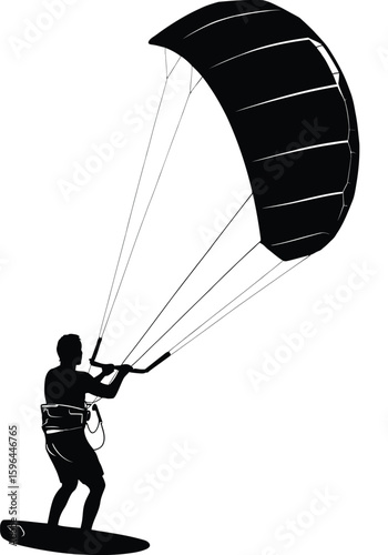 Silhouette of Kite Surfer Riding Waves with Kite in Air ? Dynamic Extreme Sport Vector 
