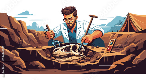 Archaeologist Excavating Dinosaur Skull Fossil in Field Site