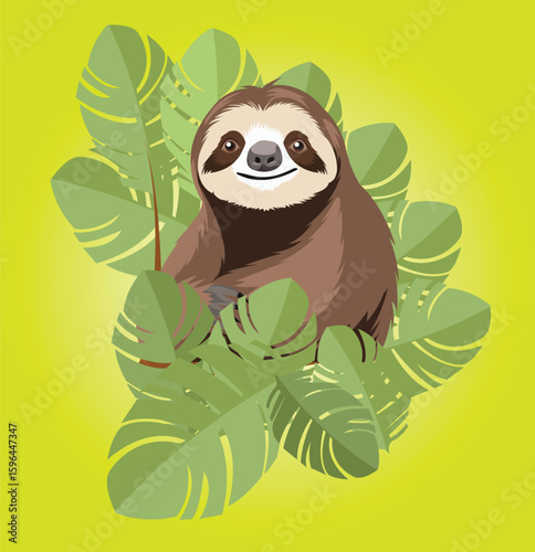 Smiling sloth relaxing in lush tropical foliage