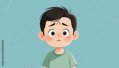 Sad Boy in Green Shirt with Frowning Expression