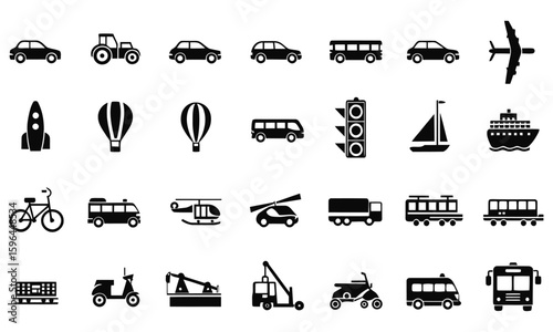 Set of black transport icons including car bus airplane bike and ship in simple vector style

