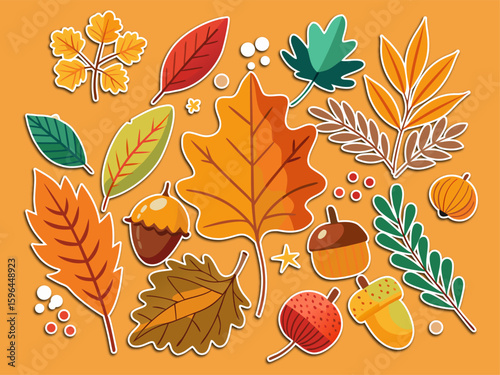 Colorful Autumn Leaves and Acorns Stickers on Orange Background Fall Season Vector Illustration