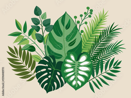 Tropical Foliage Arrangement with Monstera Palm and Eucalyptus Leaves on a Light Background for Decoration and Design Projects
