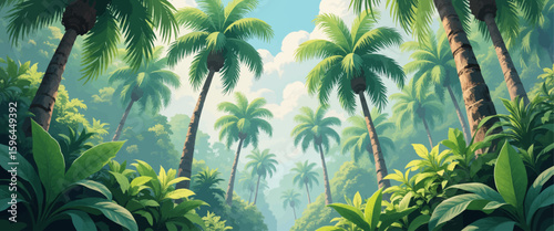 Tropical Paradise: Lush Palms and Verdant Leaves in Sunlit Jungle